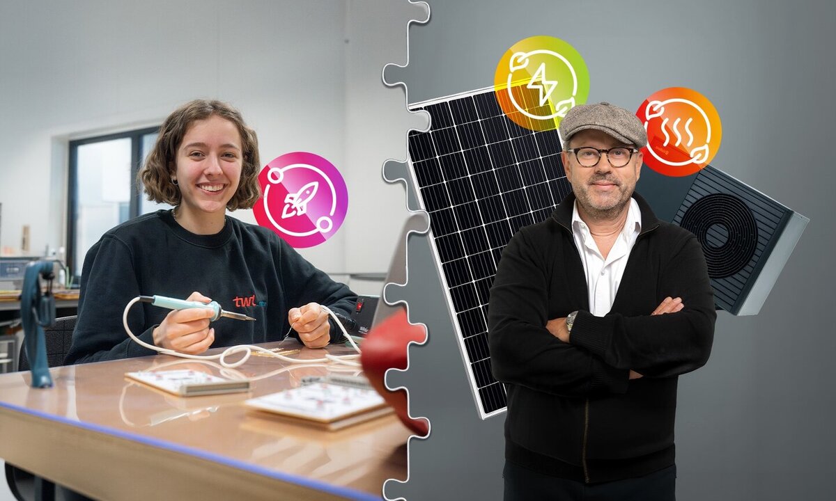 Junge Auszubildende arbeitet in der Werkstatt, daneben ein langjähriger TWL-Experte vor Photovoltaikmodul und Wärmepumpe