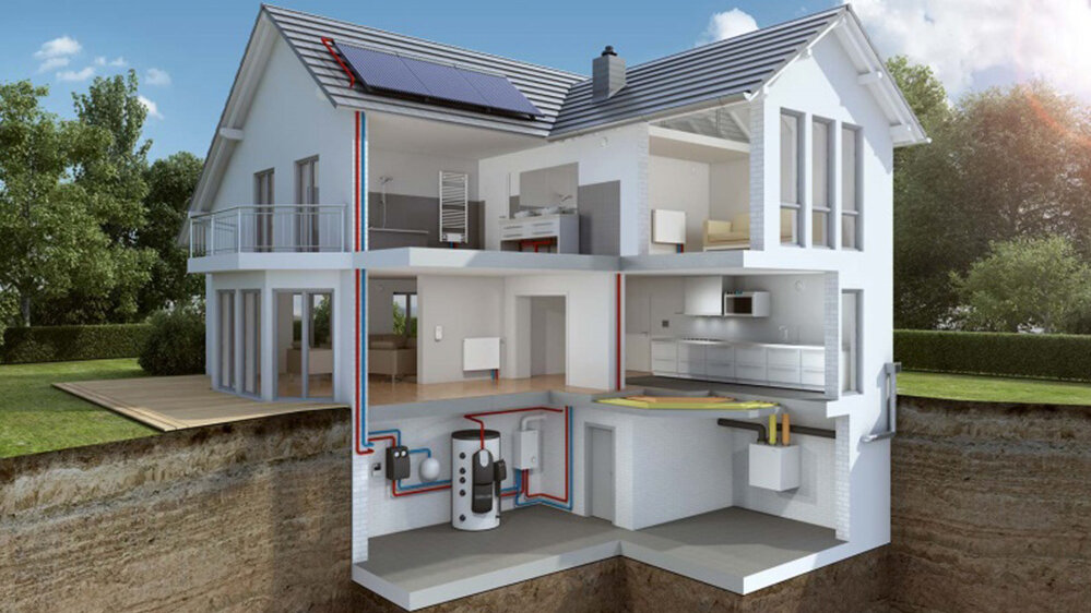 Eine Schnittansicht eines Hauses, das die verschiedenen Etagen und die Heizungsanlage im Keller sichtbar macht.